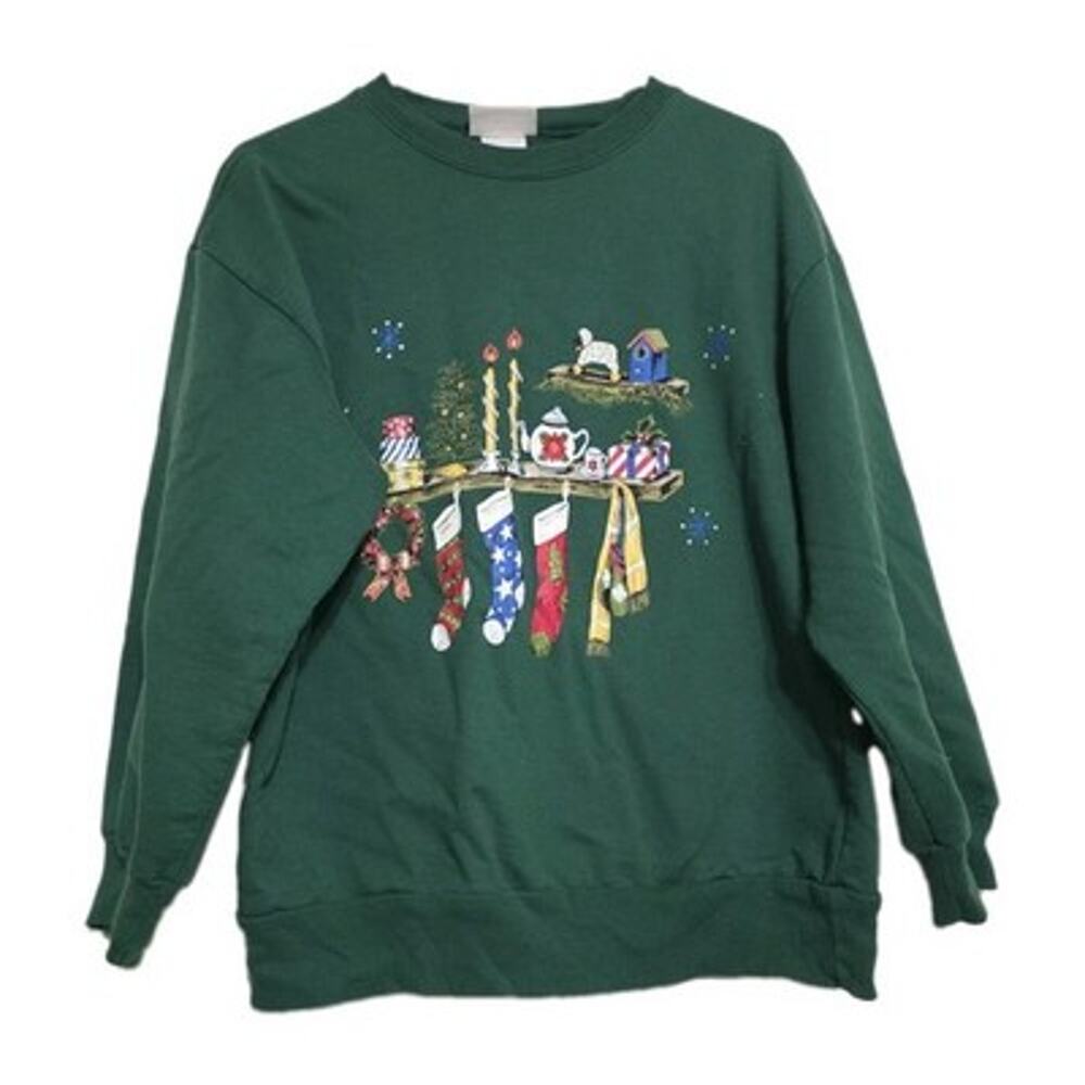 Vintage Christmas Crew Sweatshirt Womens L Stockings Grandmacore Cottage 90s